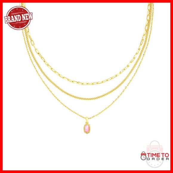 Gold Plated Triple Strand Necklace with Carnation Opal Pendant